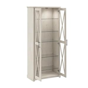 Bush Furniture Lennox Farmhouse Curio Cabinet with Glass Doors and Shelves in Linen White Oak Tall 5 Shelf Display Case for Living Room or Home Office
