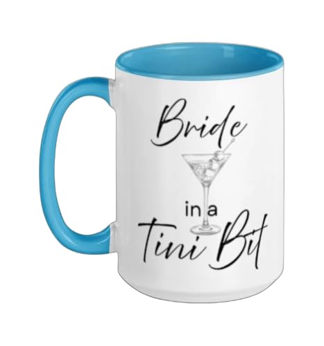 A Bride in a Tiny Bit Bride Martini Cocktail Bachelorette Ceramic Mug, Blue/White, 15oz
