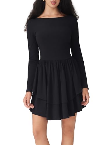 Women Boat Neck Long Sleeve Ribbed Tiered Ruffle Skater Mini Party Cocktail Dress3