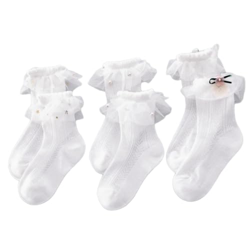 3 Pairs Girl's Socks, White Mesh Cotton Princess Crew Socks with Ruffle Lace Design for Summer Kids