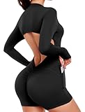 SEASUM Women's Long Sleeve Backless Workout Bodysuit with Side Pockets Stretch Yoga Zip up Romper for Gym Jumpsuits Black XL
