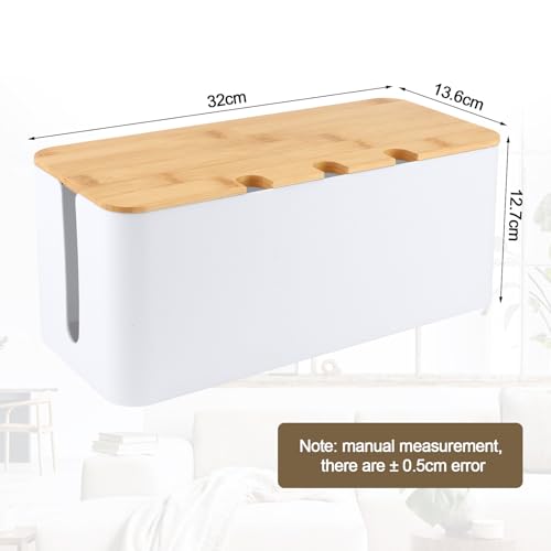 QOUBNIC Kabelmanagementbox, Kabelmanagement Box Aufbewahrungsbox für Kabel mit Bambusdeckel, Kabelaufbewahrungsbox zum Verstecken von Kabeln Organisieren von Computerverkabelung und Losen Kabeln