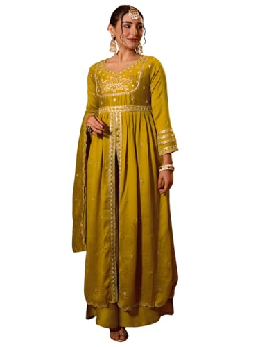 Image of Naixa Women's Vichitra Silk Siquinned Embroidered Flared Kurta with Pant and Dupatta Sets (NX-786)