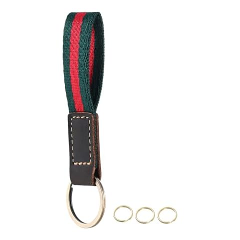 UpLook Nylon & Leather Key Chain, Striped Lanyard Keychain with 3 Key Rings, Stylish Key FOB Slim Car Key Holder House Key Organizer (Green) Cover
