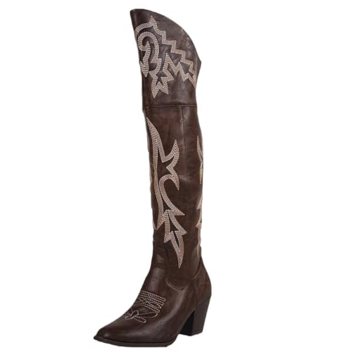 Over the Knee Cowgirl Boots for Women Pointed Toe Embroidered Western Boots with Side Zipper Chunky Long Cowboy Boots