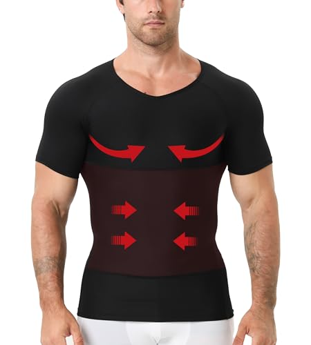 Men's Compression Shirt, V-Neck Slimming Body Shaper Short Sleeve Hide Gynecomastia Chest Underwear for Tummy Control