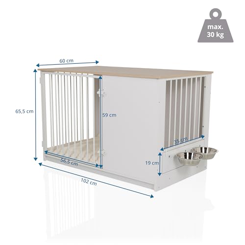hjh LIVING Hundebox für Zuhause, 102x60x65,5 cm PAWHOME XL Hundekäfig inkl. Edelstahlnäpfe, Hundehaus mit Tür bis 30kg belastbar, Weiß/Eiche