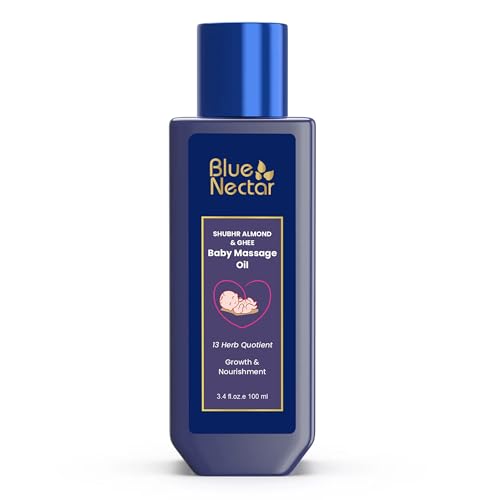 Blue Nectar Ayurveda Gentle Baby Oil for Newborn Skin Care -Moisturizing Baby Massage Oil for Dry Skin &Scalp Moisturizer| Soothing with 100% Natural Coconut Oil & Organic Ghee (13 Herbs, 3.38 Fl Oz)