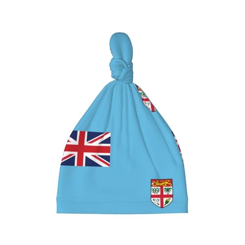 Newborn Baby Hat, Fiji Flag Print Soft Top Knot Beanie Cap, Cute Baby Headwear for 0-6 Months Black