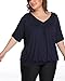 andy & natalie Women's Plus Size Tops Pleated V Neck Loose Baggy Blouse T Shirts Blue