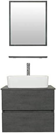 eclife 24" Bathroom Vanity Sink Combo Wall Mounted Concrete Grey Cabinet Two Drawers Vanity Set White Ceramic Vessel Sink Top, W/Chrome Faucet, Pop Up Drain & Mirror (T03E02CC)