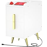 Cyclysio Narrow Nightstand with Charging Station, Slim Night Stand with Smooth Rails, Small Bedside