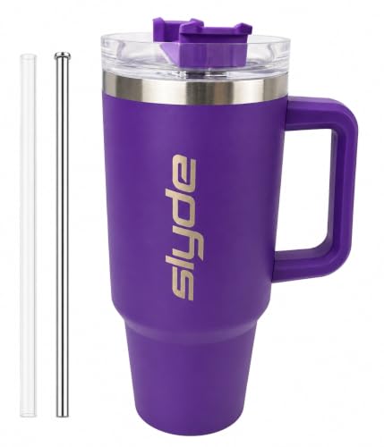 Image of Slyde 1200ml Stainless Steel Insulated Tumbler with Handle | Double Wall Vacuum Travel Mug | Leakproof Lid | Includes 2 Straws (1 Stainless Steel & 1 Plastic) Purple