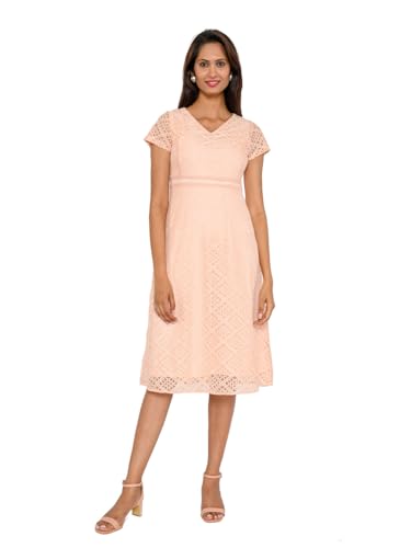 AMADORE Women A-Line Lace Pink Midi Dress (In, Alpha, Medium, Pink)