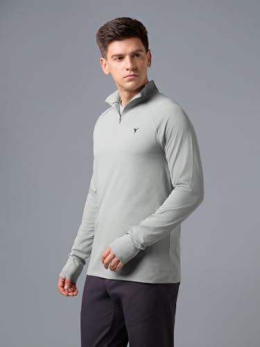 Image of TECHNOSPORT Men's Solid Quarter Zip Gym Slim Fit Active Sports T-Shirt with COTFLEX Full Sleeve Cotton Feel Polyester 4-Way Stretch Memory Fabric Lightweight Workout Running Training
