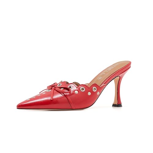Image of Kitten Heel Mules for Women Bow Tie Suede Stiletto Heels Mule Pointed Toe Studs Slide Heeled Sandal Pumps for Wedding Dress Party