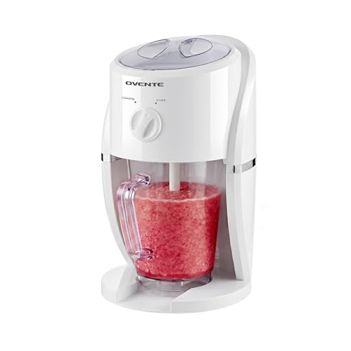 Image of OVENTE Shaved Ice Machine, Electric Ice Shaver with 2 Shaving Settings, Blending Jar /Serving Pitcher, Easy to Use Slushy & Snow Cone Maker for Homemade Treats, Frozen Cocktails & More, White ICR2037W