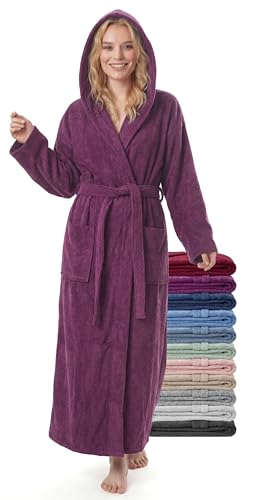 jazzylab Peignoir Femme Extra Long avec Capuche, 100% Coton Éponge 380 g/m², Prune, S-M Lang