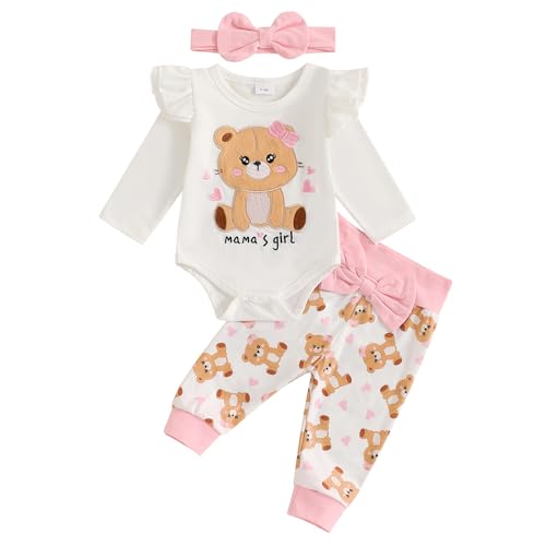 Image of Ursobutegl Newborn Infant Baby Girl Outfits Ruffle Bear Long Sleeve Romper Bodysuit Tops Pants Set Cute Fall Winter Clothes