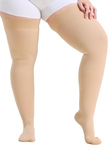 Image of Extra Wide 5XL 15-20 mmHg Compression Stockings for Men and Women, Over the Knee Compression Hose with Closed Toe, Dot-Top, Thigh High Length for Circulation, Arthritis, Edema, Swelling, Beige