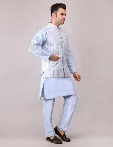 Image of Men's Cotton Silk Blend Regular Kurta Pyjama, Embroidered Nehru Jacket /Waistcoat Set