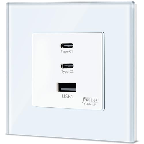 TAWOIA Prise Schuko 65W type C et chargeur USB rapide pour téléphones, tablettes et ordi portables, cadre en verre cristal, prise USB C blanc 86x86mm