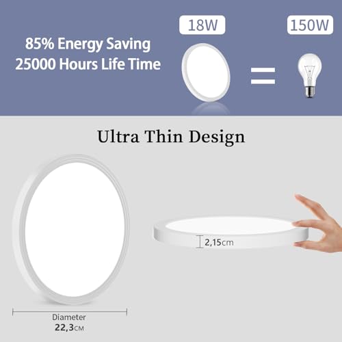 Plafon LED Techo, Ø22CM 18W Lámpara Techo LED 1600LM 4000K - Imagen 4