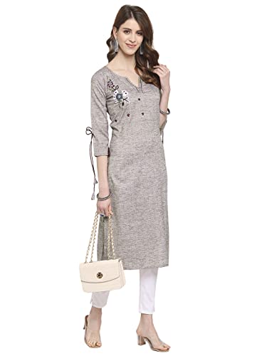 Image of EthnicJunction Women's Cotton Blend Floral Thread Work Embroidery Straight Kurta