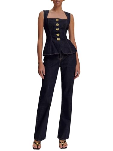 Ensemble deux pièces en jean noir avec gilet boutonné et pantalon droit M