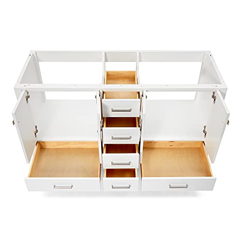 Ariel 60" Inch White Double Bathroom Vanity Base Cabinet | Single Sink Configuration | 4 Soft Closing Doors & 6 Full Extension Dovetail Drawers | Satin Nickel | Shaker Style Doors | Flat Panel Drawers #TOP3