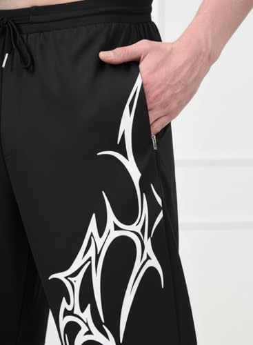 Image of Aesthetic Gothic Wide Leg Pants for Men | Tribal Print Baggy Streetwear | Oversized Track Pants with Elastic Waist | Black and White Relaxed Fit Bottoms