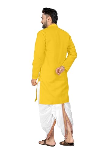 Image of UNIQUE MOMENTS Men's Cotton Dhoti Kurta Set with Full Sleeves Solid Pattern Modern Style and Mandarin Collar Neck | Perfect for Puja & Celebrations