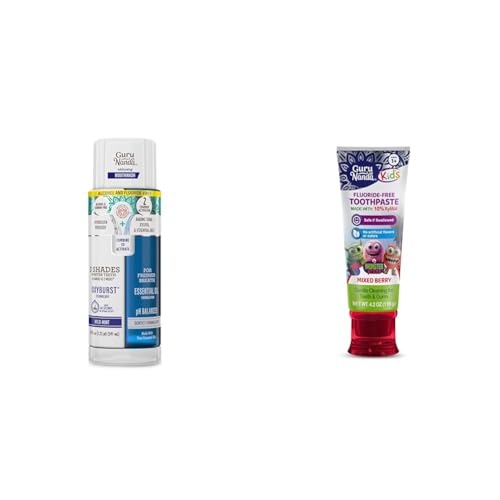 GuruNanda Teeth Whitening Dual Barrel Oxyburst Mouthwash Alcohol & Fluoride-Free Hydrogen Peroxide Wild Mint & Kids Toothpaste for Toddlers with 10% Xylitol Fluoride-Free Berry Flavor 4.2 oz image 2