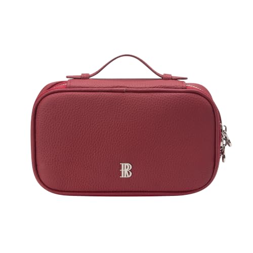 Royal Bagger Bolsa de maquiagem de couro para mulheres, estojos de cosméticos de couro de vaca genuíno, bolsa de higiene com zíper duplo com alça, organizador de viagem portátil 3300 (vinho vermelho)