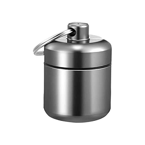 DRERIO Small Pill Box Metal Pill Holder Keyring Waterproof Pill Organiser Round Portable Pill Container Small Capsules Pill Case Grey for Outdoor Travel Camping Fishing Storage Cover