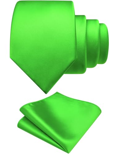 GUSLESON Lime Green Tie Set for Men Formal Business Silk Blend Necktie and Pocket Square Set for Wedding (6110-20)