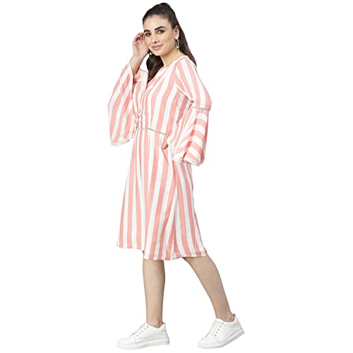 Image of DEEBACO Women's A Line /Fit & Flare Knee Length Dresses for Women Bell Sleeve Printed Striped Dress Midi for Girls Western Lace Dresses (Pink, Blue, Green, Yellow)