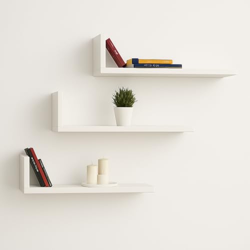 Dence Store L-Shaped Floating Wall Shelves (Set of 3) – Glossy Finish Engineered Wood Display Racks for Living Room, Bedroom, and Kitchen – Wall Mounted Storage Decor (White)