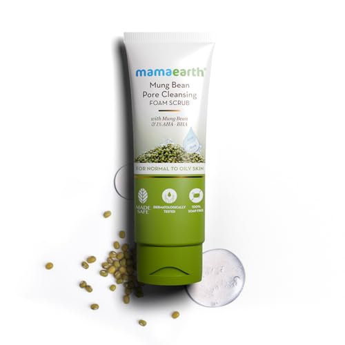Image of Mamaearth Mung Bean Pore Cleansing Face Scrub with Mung Bean, AHA BHA - 100g | Face Scrub for Oily Skin | India's 1st Foam Scrub for Deep Pore Cleansing | Gentle Exfoliation | Oil Control | Tan Removal