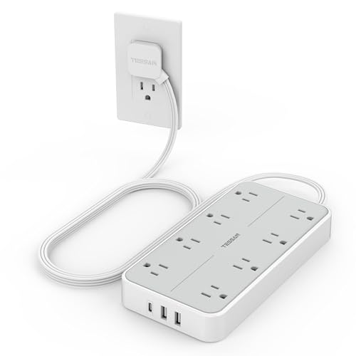 Flat Plug Power Bars with Surge Protector 1080J, TESSAN 6 Ft Extension Cord Indoor with 8 Multiple Outlets and 3 USB(1 USB C), Wall Mounted Charging Station for Home Office Dorm Ro image 3