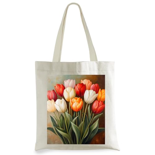 Flower Tote Bag for Women - Aesthetic Reusable Grocery Shoulder Canvas Bag for Work Travel Beach Dorm Gifts