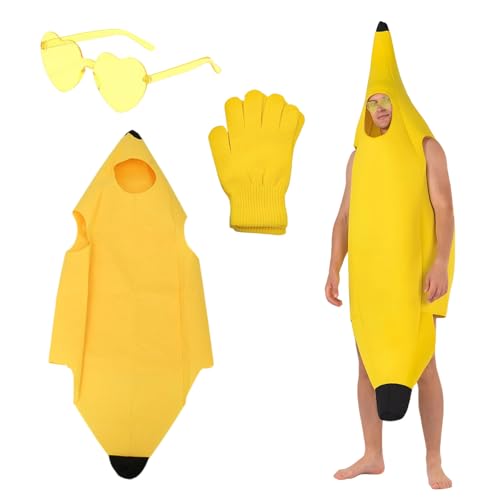 FUIPVGI 3 Piece Banana Costume Set for Adults, Appealing Banana Costume Adult Fun Banana Fancy Dress Outfit, Fruit Fancy Dress Men Women, for Themed Party Christmas Cosplay (Yellow)