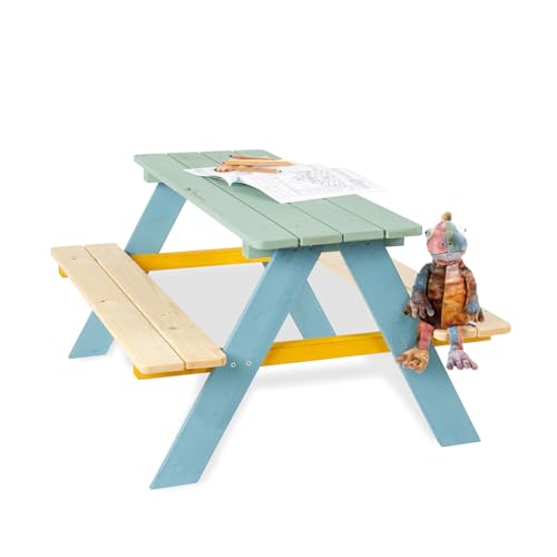 PINOLINO Nicki 4er Kindersitzgruppe - Kindertisch - Picknicktisch aus Massivholz, Kinder Spielbar - Langlebige Sitzbank für draußen, Kindergartenmöbel ab 2 Jahren, Outdoor-Tisch 90 x 79 x 50 cm, bunt