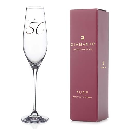 DIAMANTE Swarovski 50th” Birthday Champagne Flute – Single Crystal Champagne Glass with Platinum 50 Embossed and Swarovski Crystals – Gift Boxed
