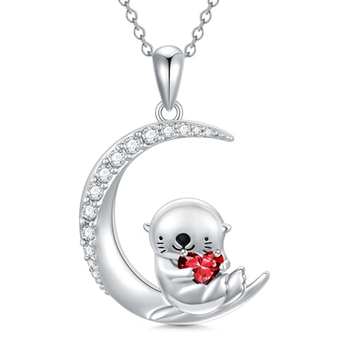 Image of PROESS Animal Birthstone Necklace 925 Sterling Silver Otter /Axolotl /Hippo /Elephant /Dachshund /Monkey /Red Panda Pendant Necklace Animal Birthstone Jewelry Gifts for Women