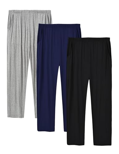 Image of JINSHI Men's 3 Pack Pajama Pants Long Modal Pj Pants Elastic Waist Pajama Bottoms Comfortable Sleep Pant with Pockets (S,Black /Navy Blue /Light Grey)