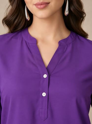 Image of FYLTR Women's Casual Roll -Up Sleeves Rayon V-Neck Top - Western Tops | Shirts for Women | Soft & Comfortable | Tops for Jeans