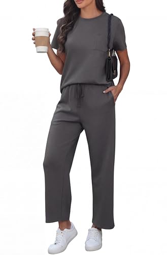 GRECERELLE Zweiteiler Jogginganzug Damen Sommer Trainingsanzug Outfits Tracksuit Kurzarm Lässige Rundhals Brusttasche Tshirts und weite Jogginghosen Trainingsanzüge mit Taschen (Dunkel Grau M)