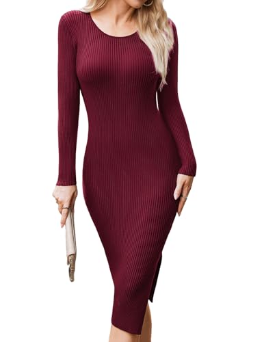 Hotouch Wickelkleid Kleider mit Schlitz Winterkleider Winter Pullover Kleid Einfarbig Gestricktes Weinrot S
