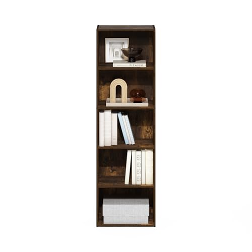 Image of Furinno LUDER Book Shelf, 5-Tier Bookshelf, Bookcase with Open Shelves, 9.4 x 15.8 x 52, Easy Assembly, for Living Room, Bedroom, Home Office, Amber Pine